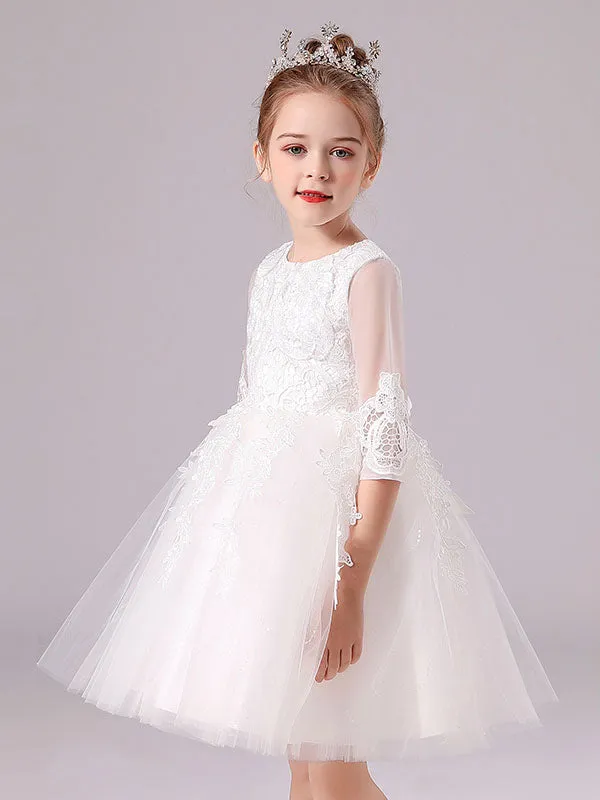 Pink Jewel Neck Lace Half Sleeves Short Princess Dress Kids Social Party Dresses