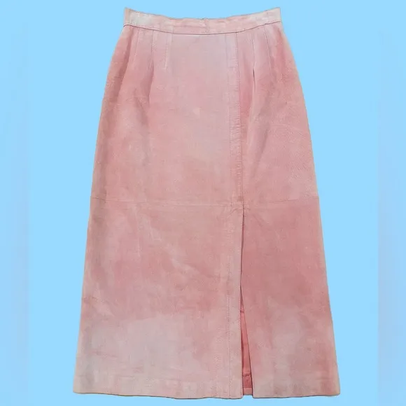 Pink Leather Suede Midi Pencil Silky Pig Suede Side Slit Skirt Size 10