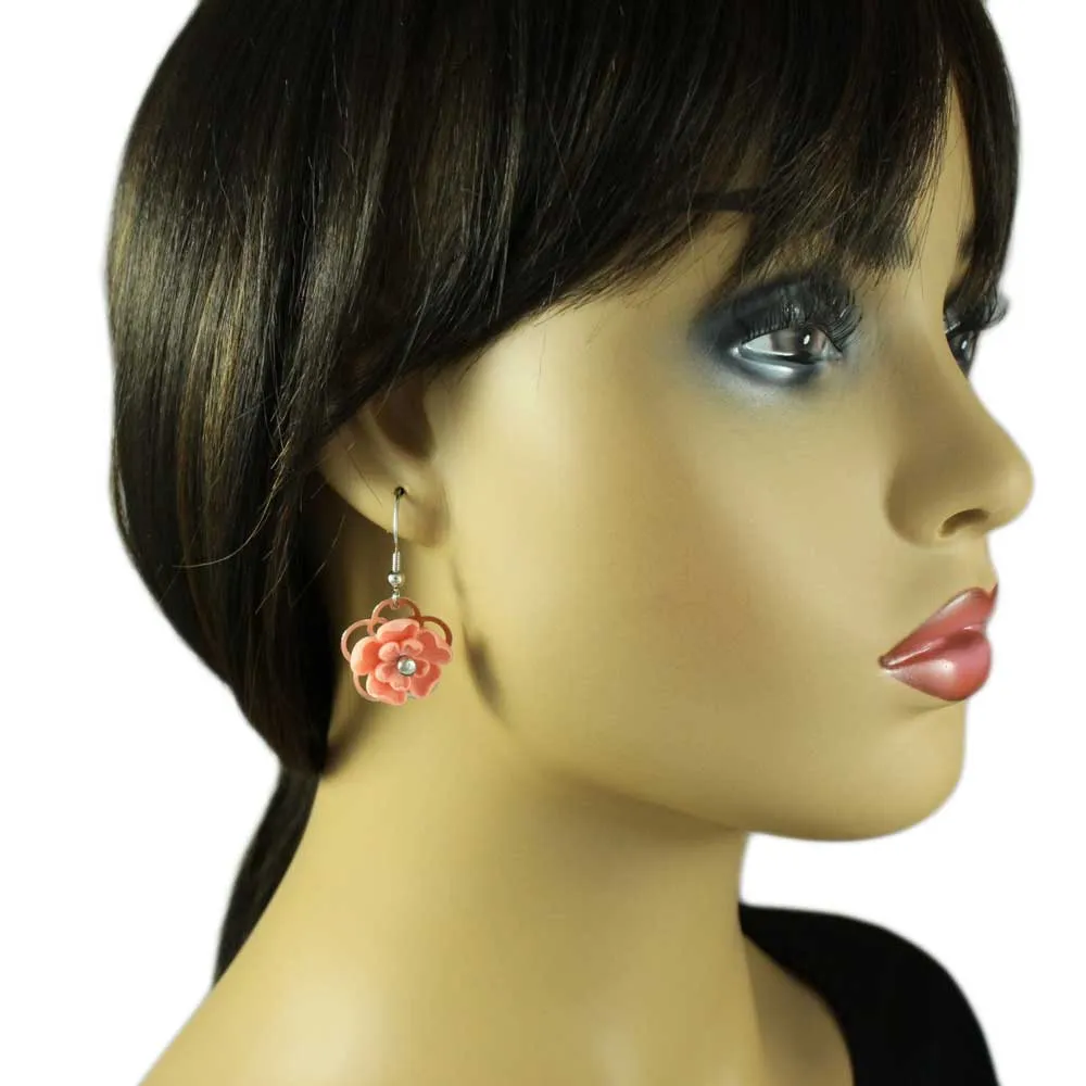 Pink with Silver Flower Dangling Pierced Earring - FE602PK
