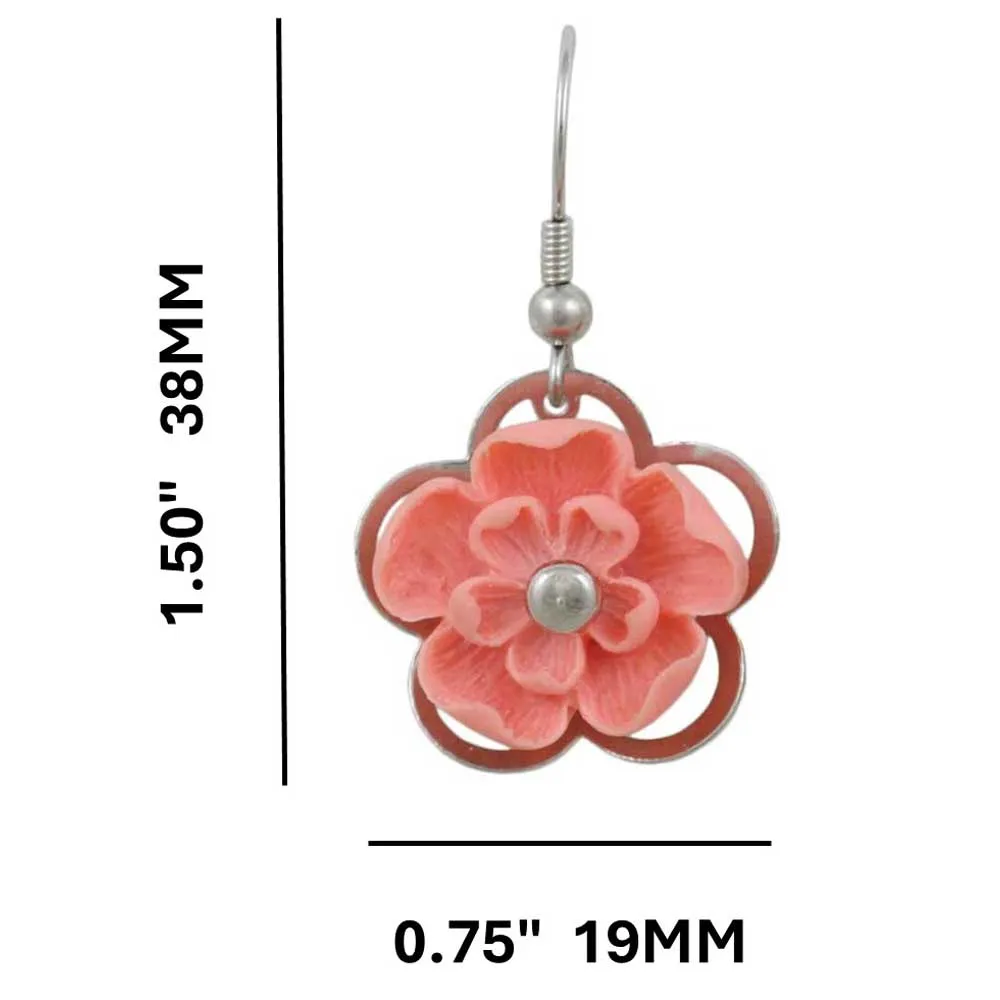 Pink with Silver Flower Dangling Pierced Earring - FE602PK