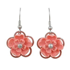 Pink with Silver Flower Dangling Pierced Earring - FE602PK