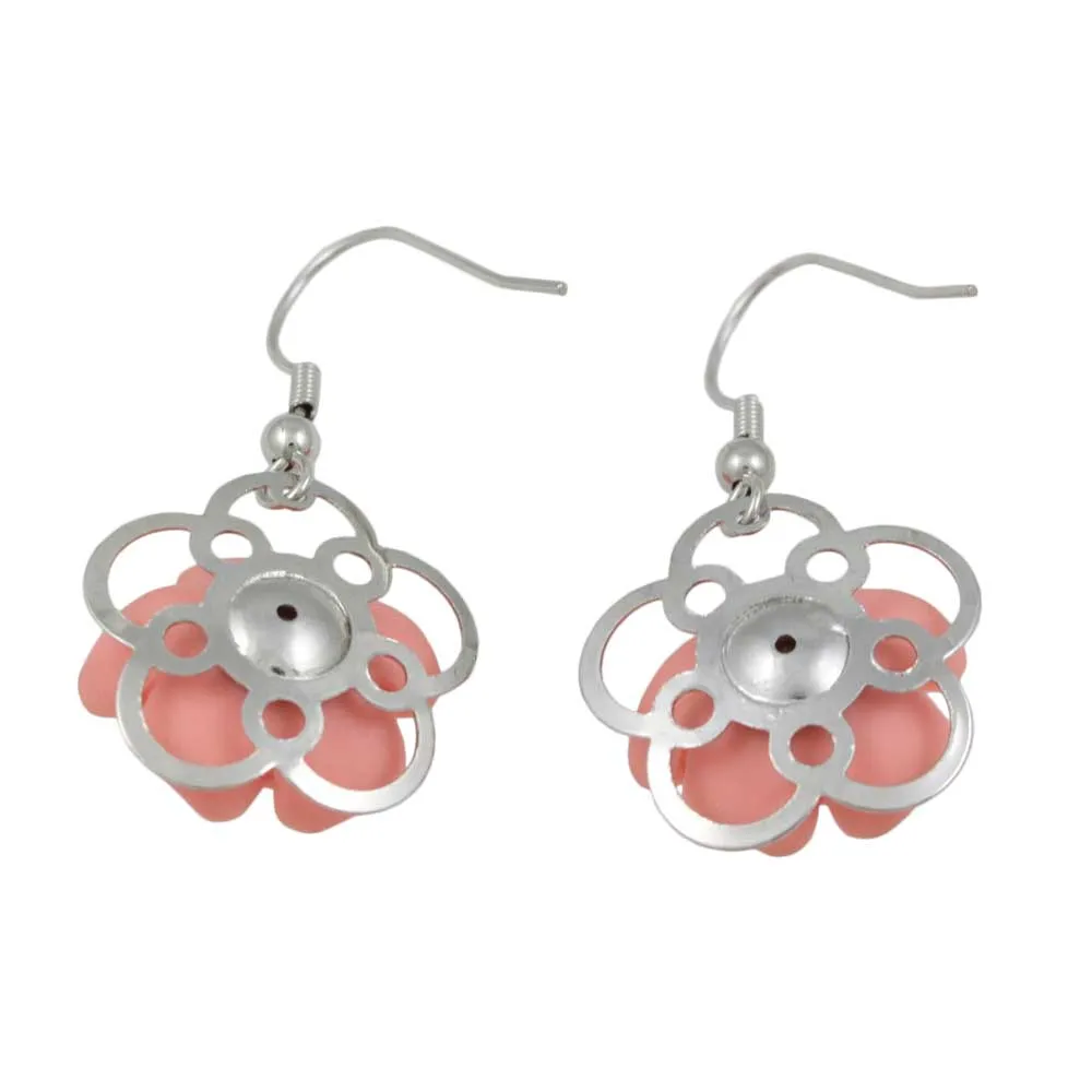 Pink with Silver Flower Dangling Pierced Earring - FE602PK