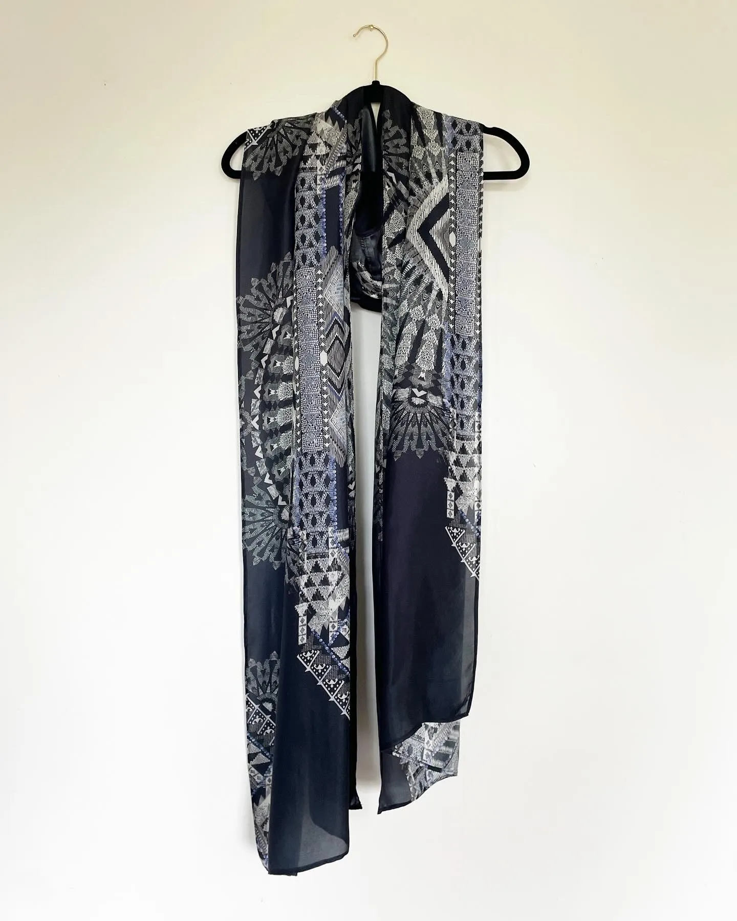 Plaid Silk Velvet Caftan with Crane Artwork