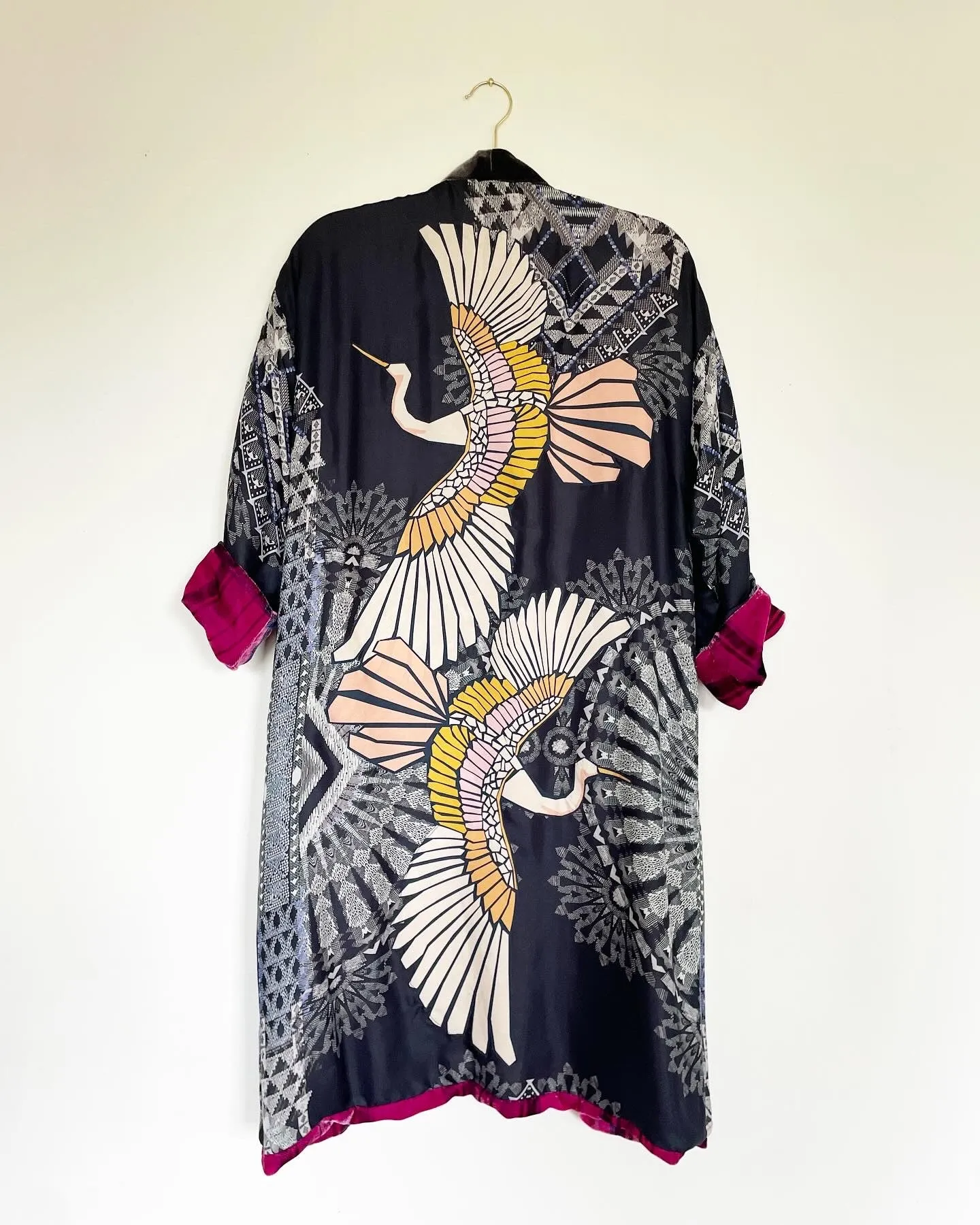 Plaid Silk Velvet Caftan with Crane Artwork
