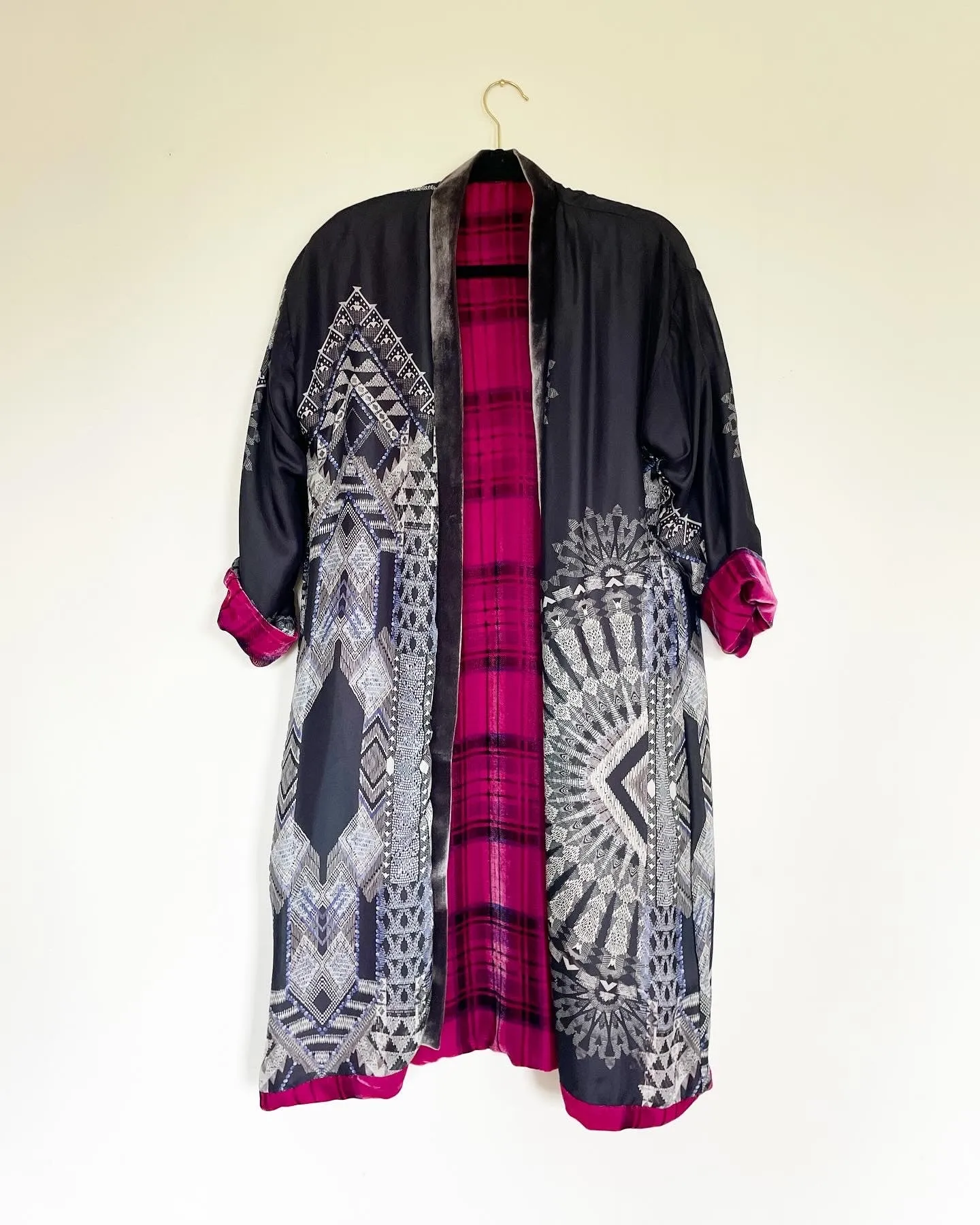 Plaid Silk Velvet Caftan with Crane Artwork