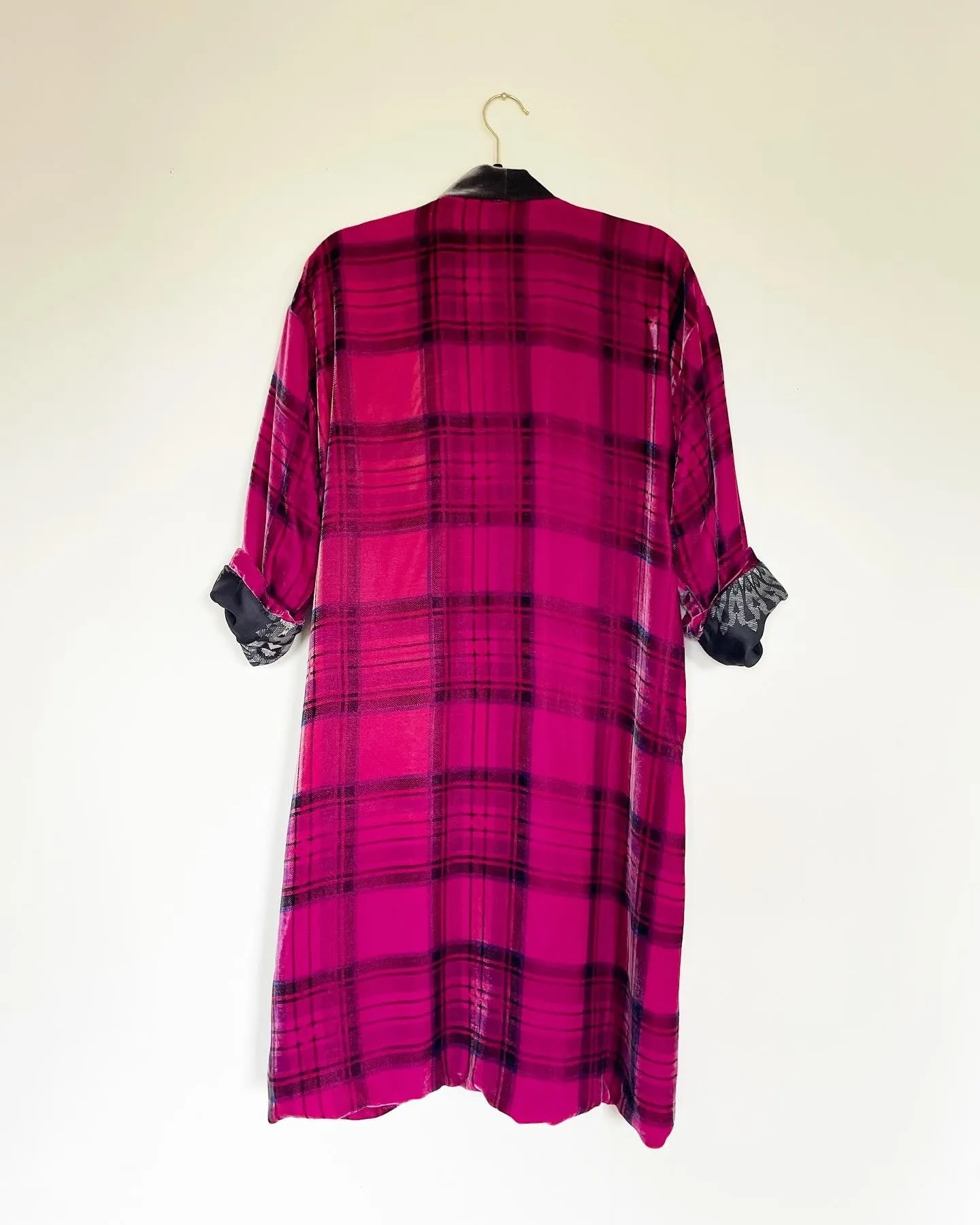 Plaid Silk Velvet Caftan with Crane Artwork