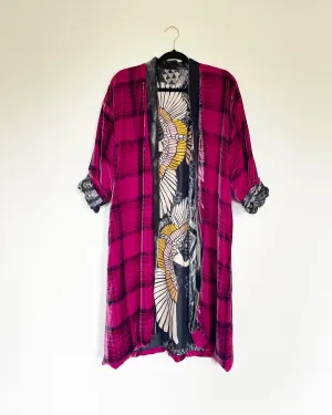 Plaid Silk Velvet Caftan with Crane Artwork