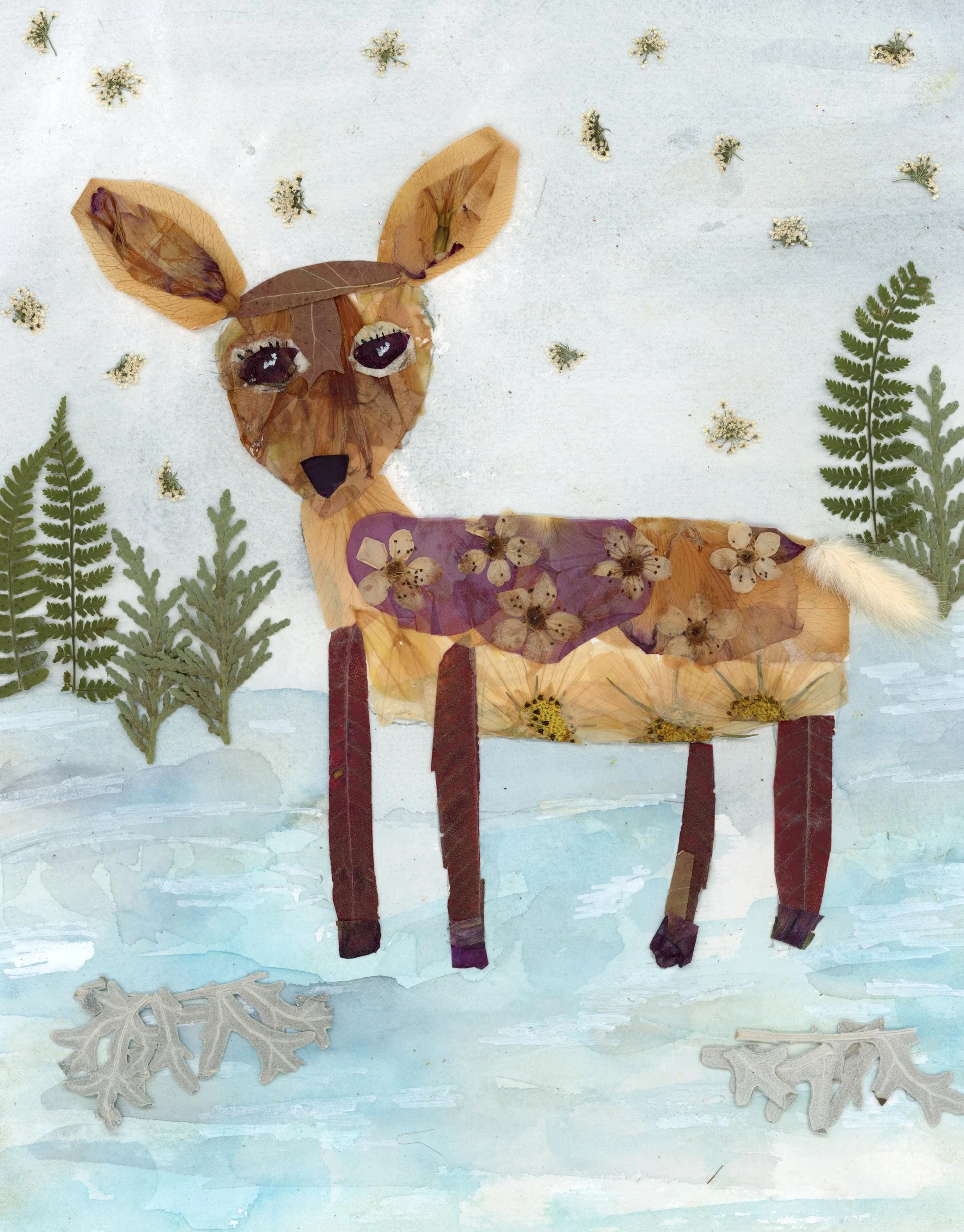 Pressed flower deer greeting card, PRINT,  floral collage deer, whimsical Christmas card