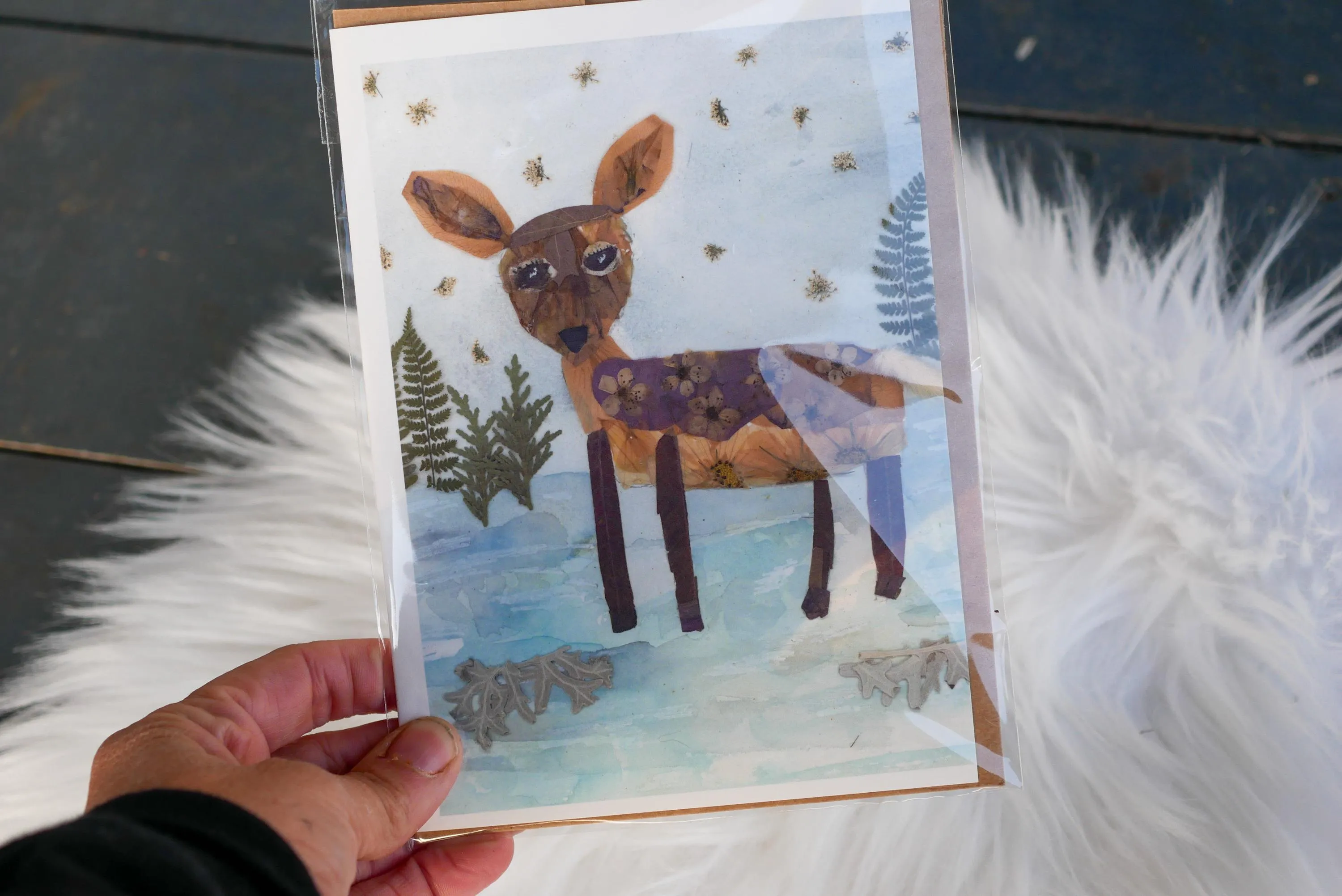 Pressed flower deer greeting card, PRINT,  floral collage deer, whimsical Christmas card