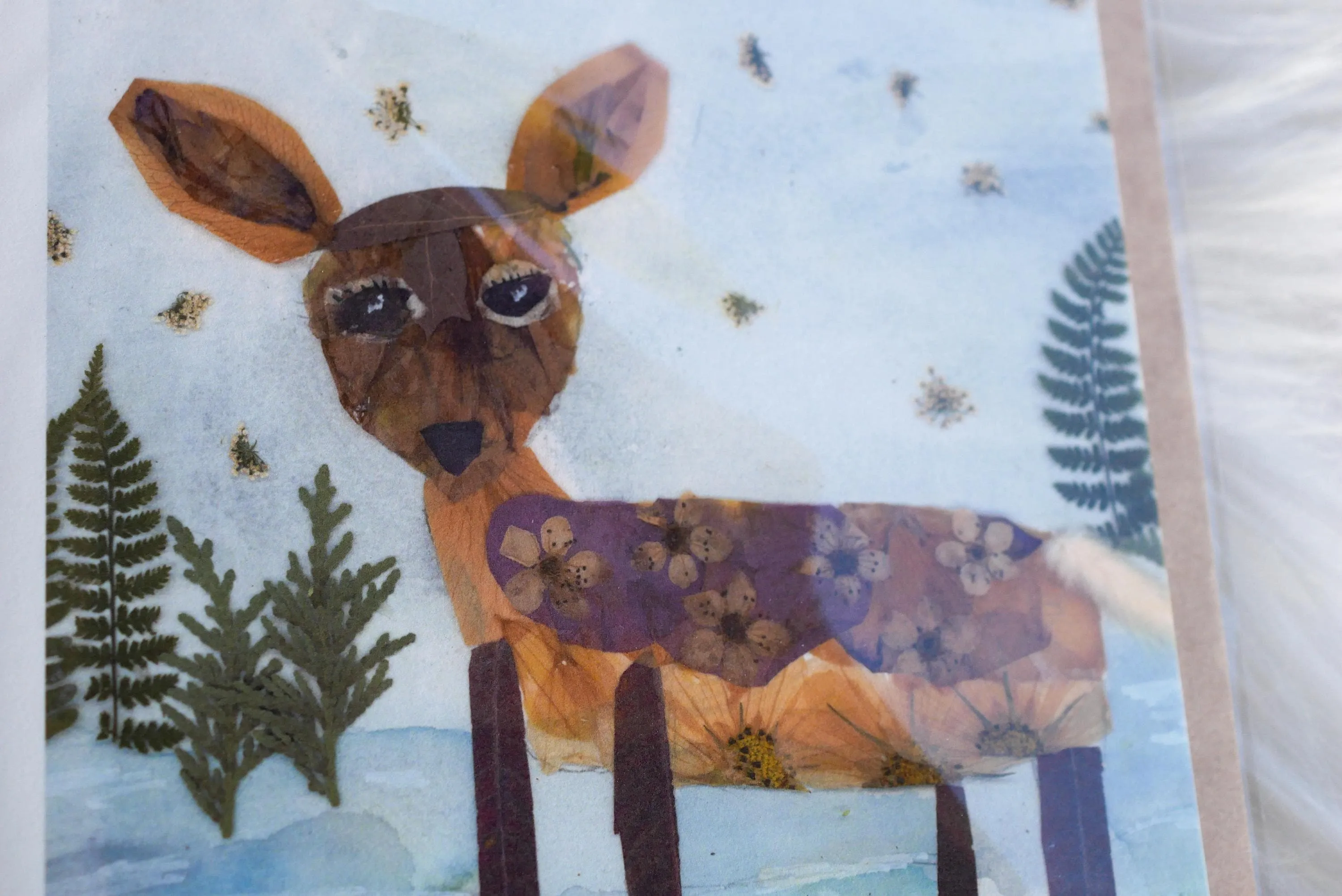 Pressed flower deer greeting card, PRINT,  floral collage deer, whimsical Christmas card