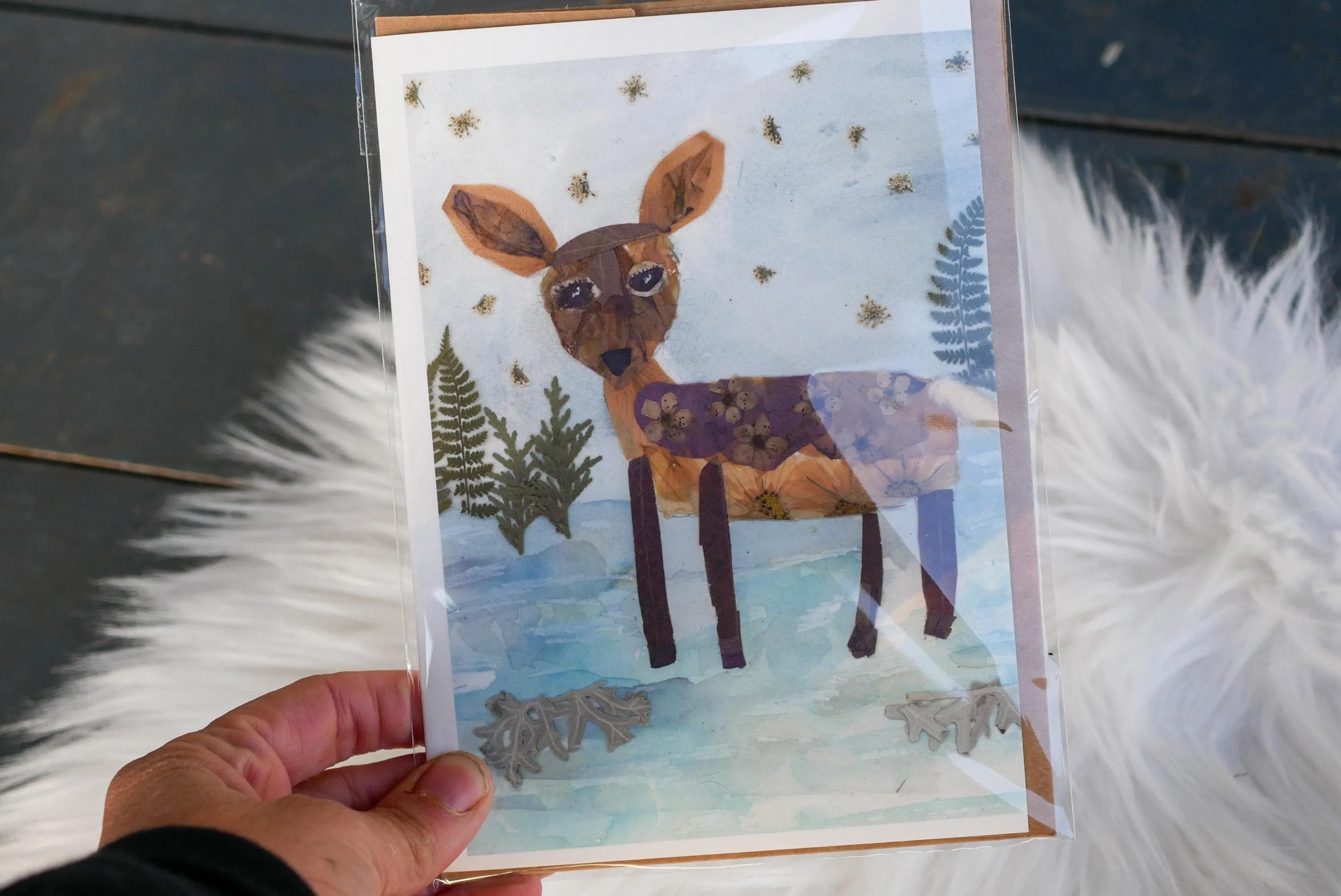 Pressed flower deer greeting card, PRINT,  floral collage deer, whimsical Christmas card