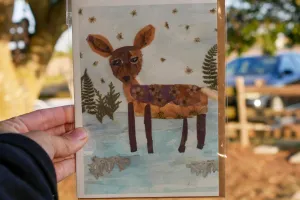 Pressed flower deer greeting card, PRINT,  floral collage deer, whimsical Christmas card