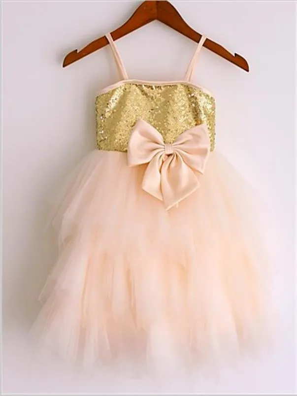 Princess Spaghetti Straps Sleeveless Sequin Flower Girl Dresses Tea Length Dress