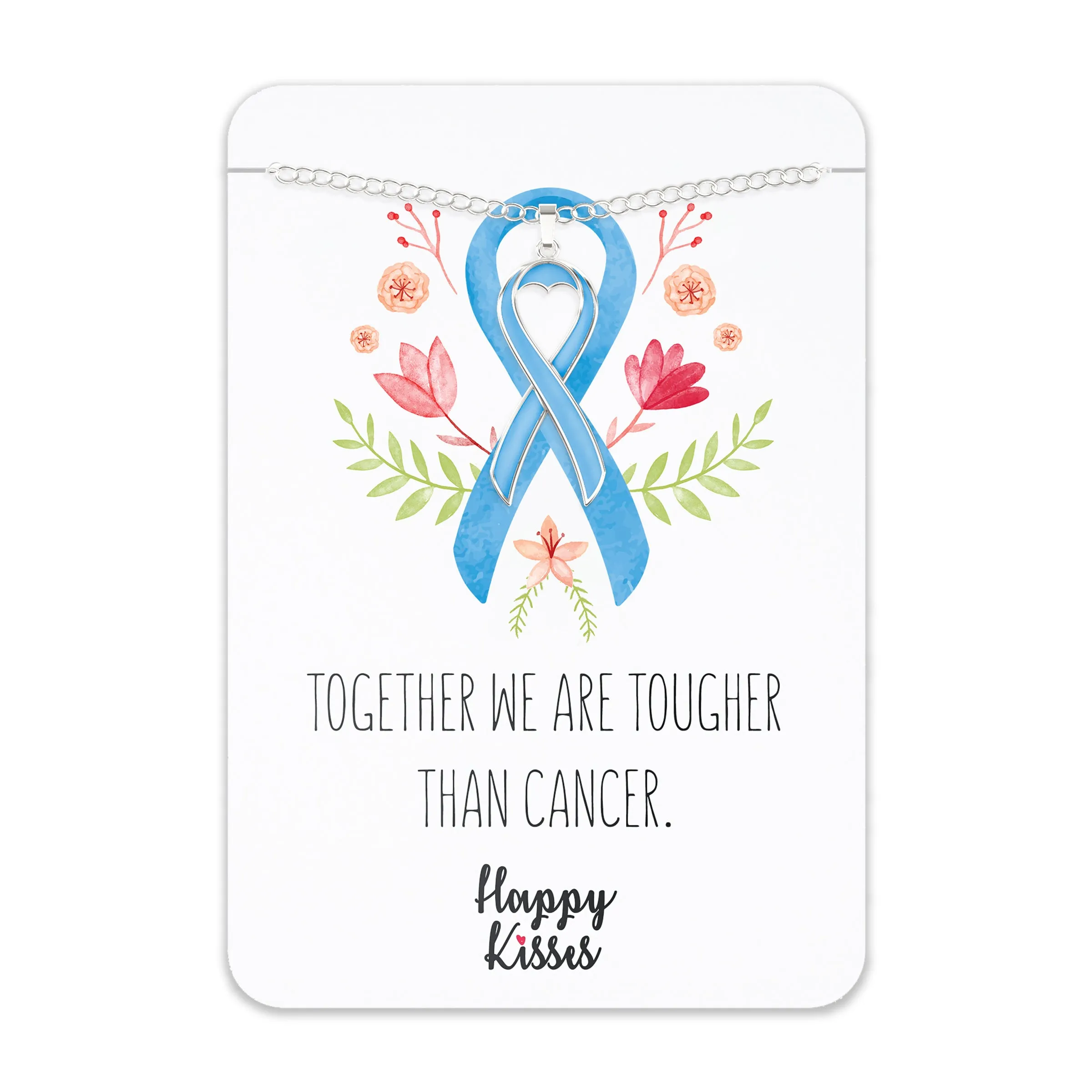 Prostate Cancer Awareness Necklace – Light Blue Ribbon Pendant, “Together We Are Tougher Than Cancer”