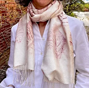 "Botanical Printed" Raw Silk Scarf, with REAL Banyan tree leaf imprints, (VIDEO) watch it being made