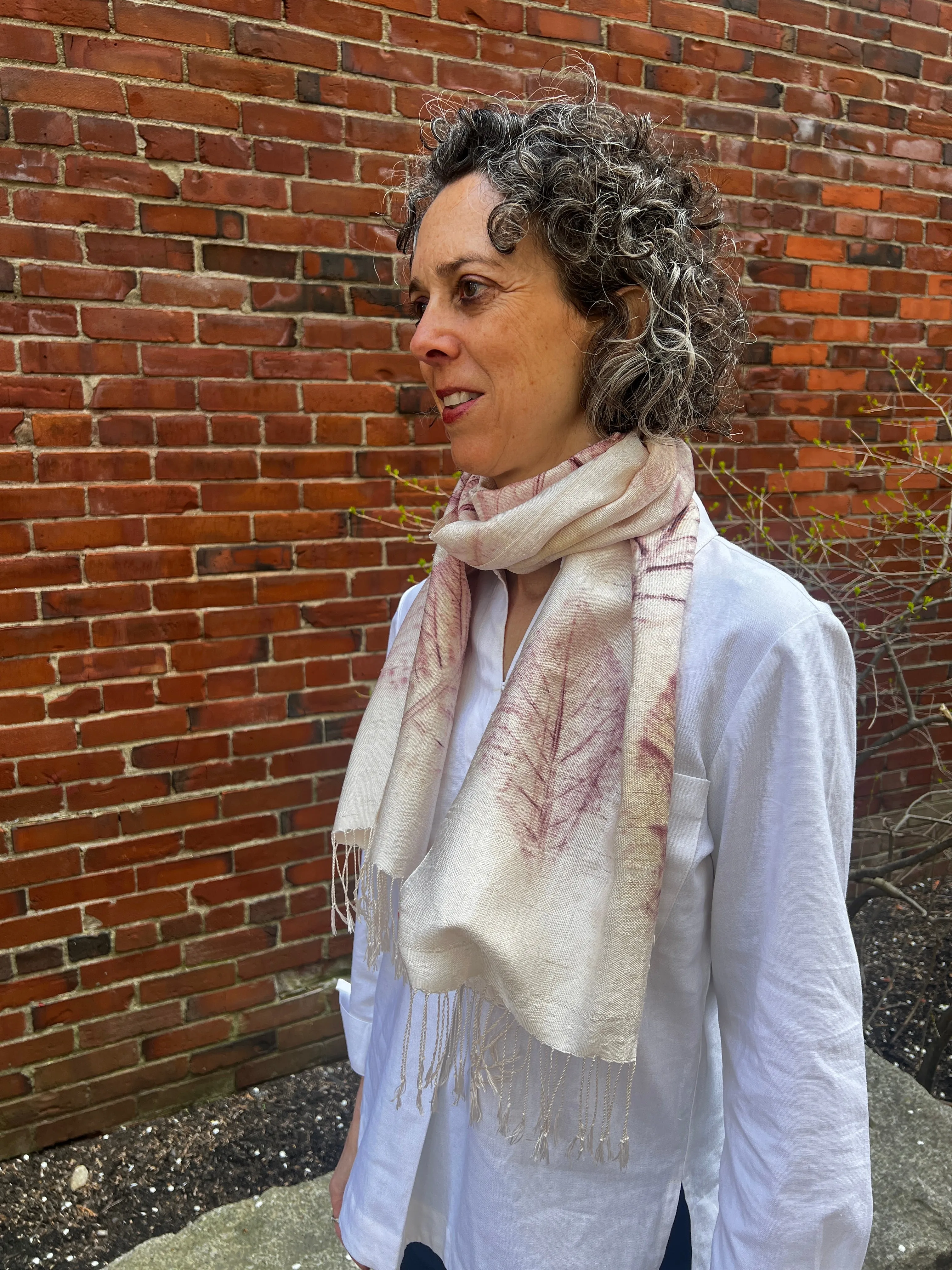 "Botanical Printed" Raw Silk Scarf, with REAL Banyan tree leaf imprints, (VIDEO) watch it being made