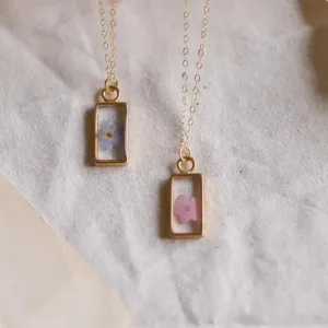 Rectangular Forget-Me-Not Necklace Blue Flower in Gold by Lace & Pearls Jewelry