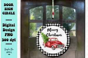 Red Christmas Truck Buffalo Plaid Round Sign Digital Design