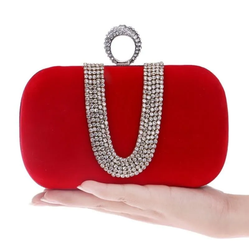 Rhinestone Evening Bag Suede Velvet Ring Clutch
