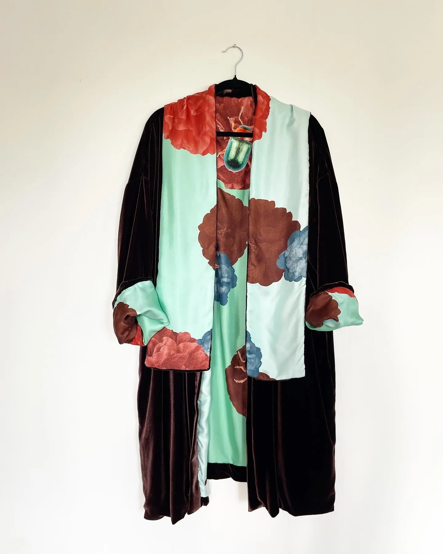Rich Brown Green Velvet Caftan with Beetle Artwork