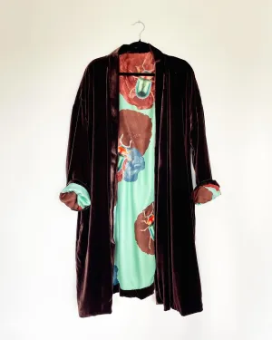Rich Brown Green Velvet Caftan with Beetle Artwork