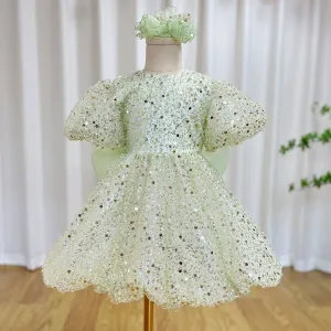 Roycebridal Luxury Elegant Shiny Sage Girl Dress Bow Princess Baby Kids Wedding Birthday Party Gown First Communion Pageant J156
