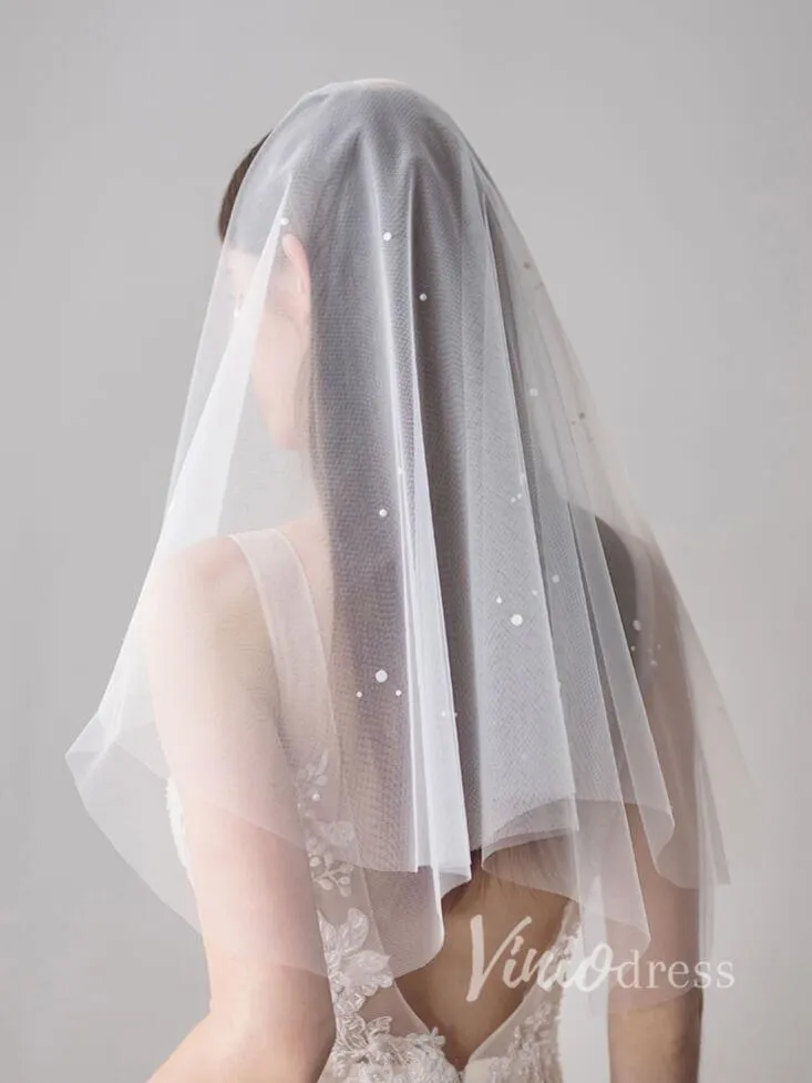 Roycebridal Simple Ivory Tulle Wedding Veil Waist Length with Pearls ACC1047