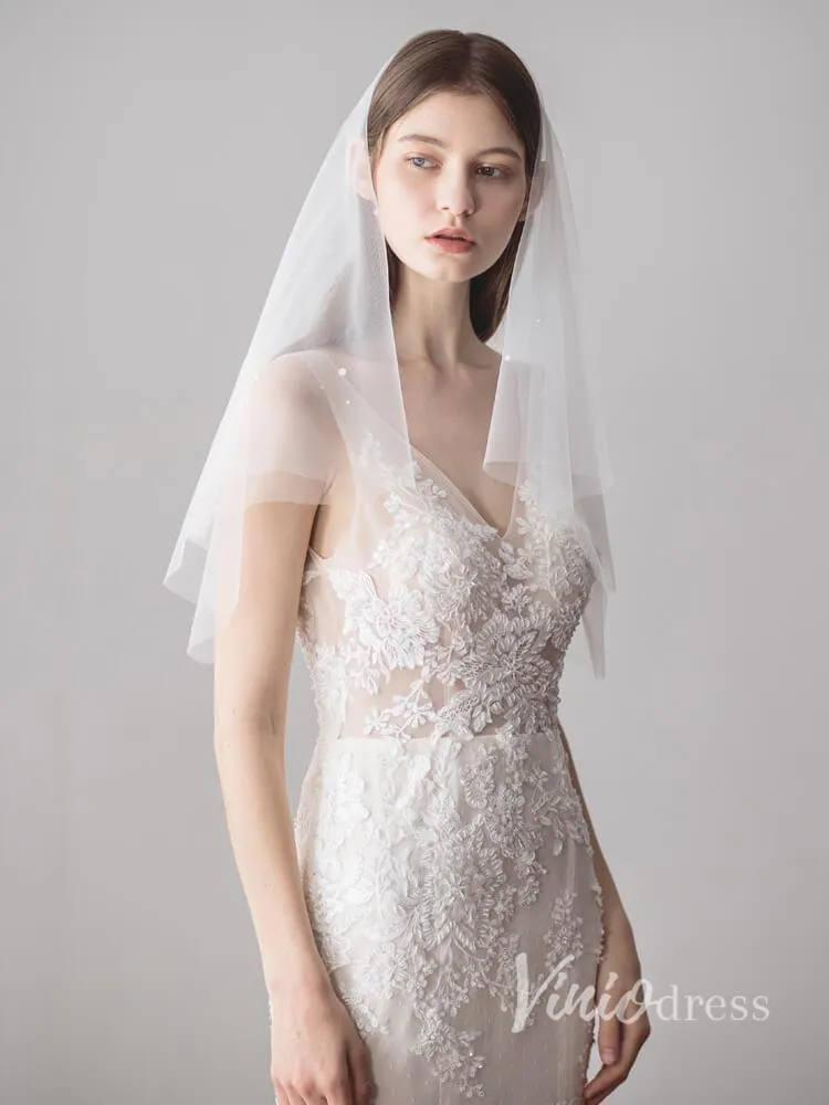 Roycebridal Simple Ivory Tulle Wedding Veil Waist Length with Pearls ACC1047