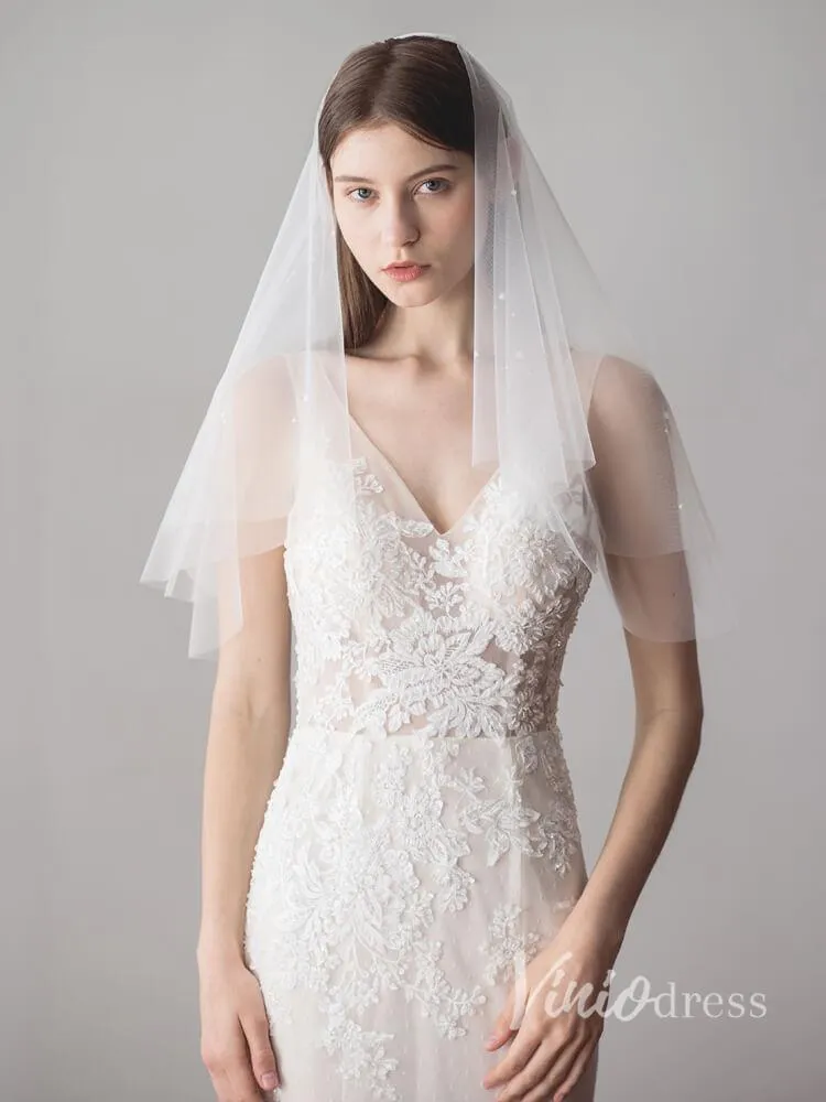 Roycebridal Simple Ivory Tulle Wedding Veil Waist Length with Pearls ACC1047
