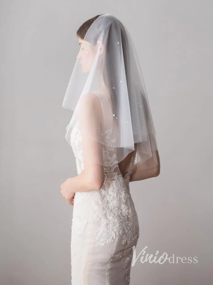 Roycebridal Simple Ivory Tulle Wedding Veil Waist Length with Pearls ACC1047