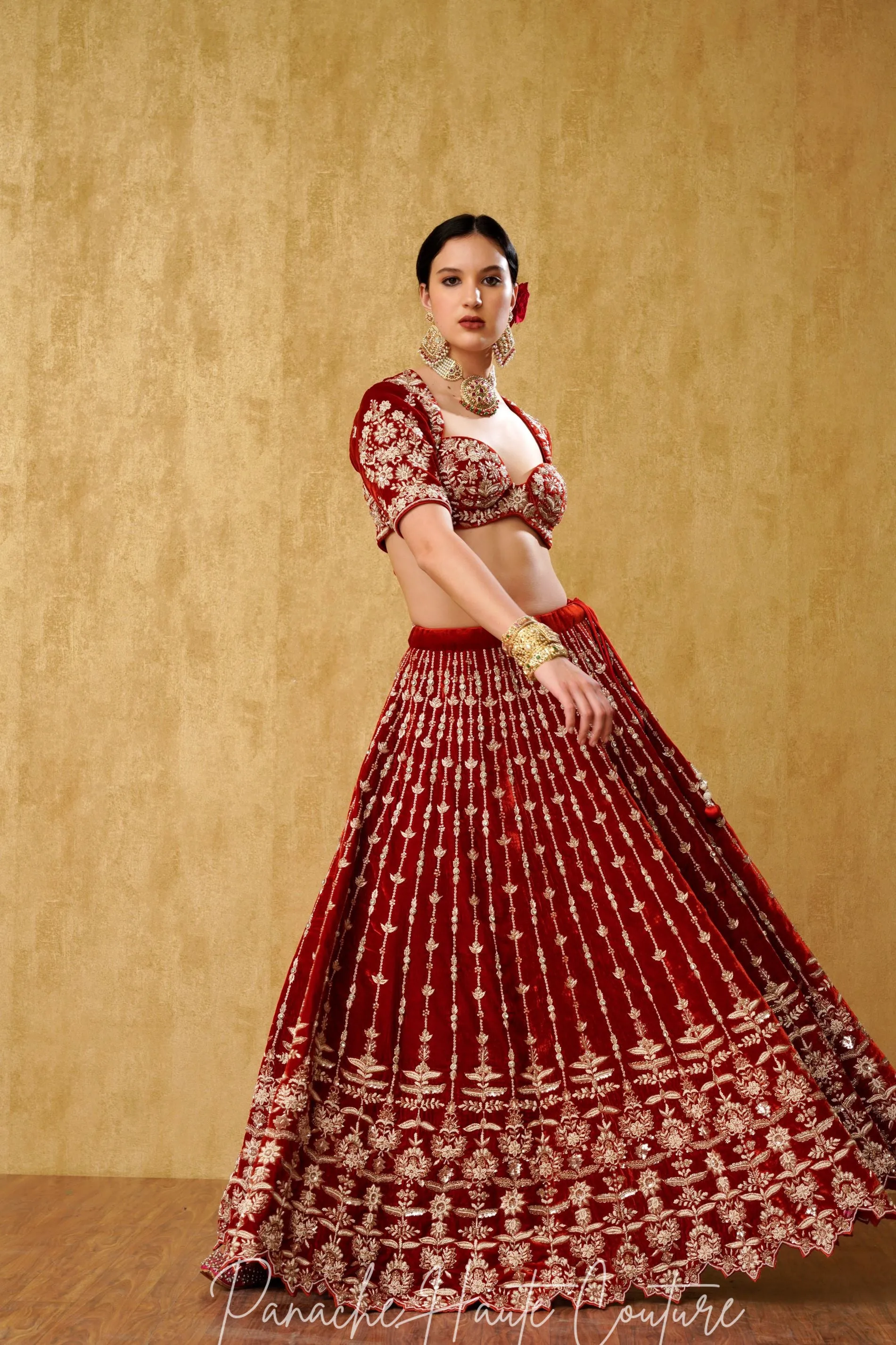 Rust Orange Color Velvet Lehenga Set