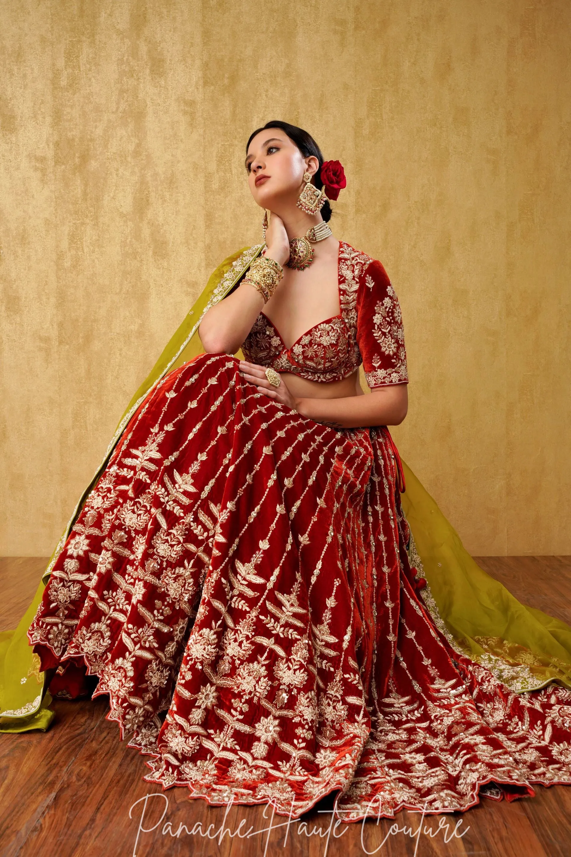 Rust Orange Color Velvet Lehenga Set