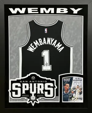 San Antonio Spurs Victor "Wemby" Wembanyama Hand Signed Autographed Authentic Black Jersey Framed & Double Suede Matted with XL 3D Logo & Cutout FANATICS Authentic COA
