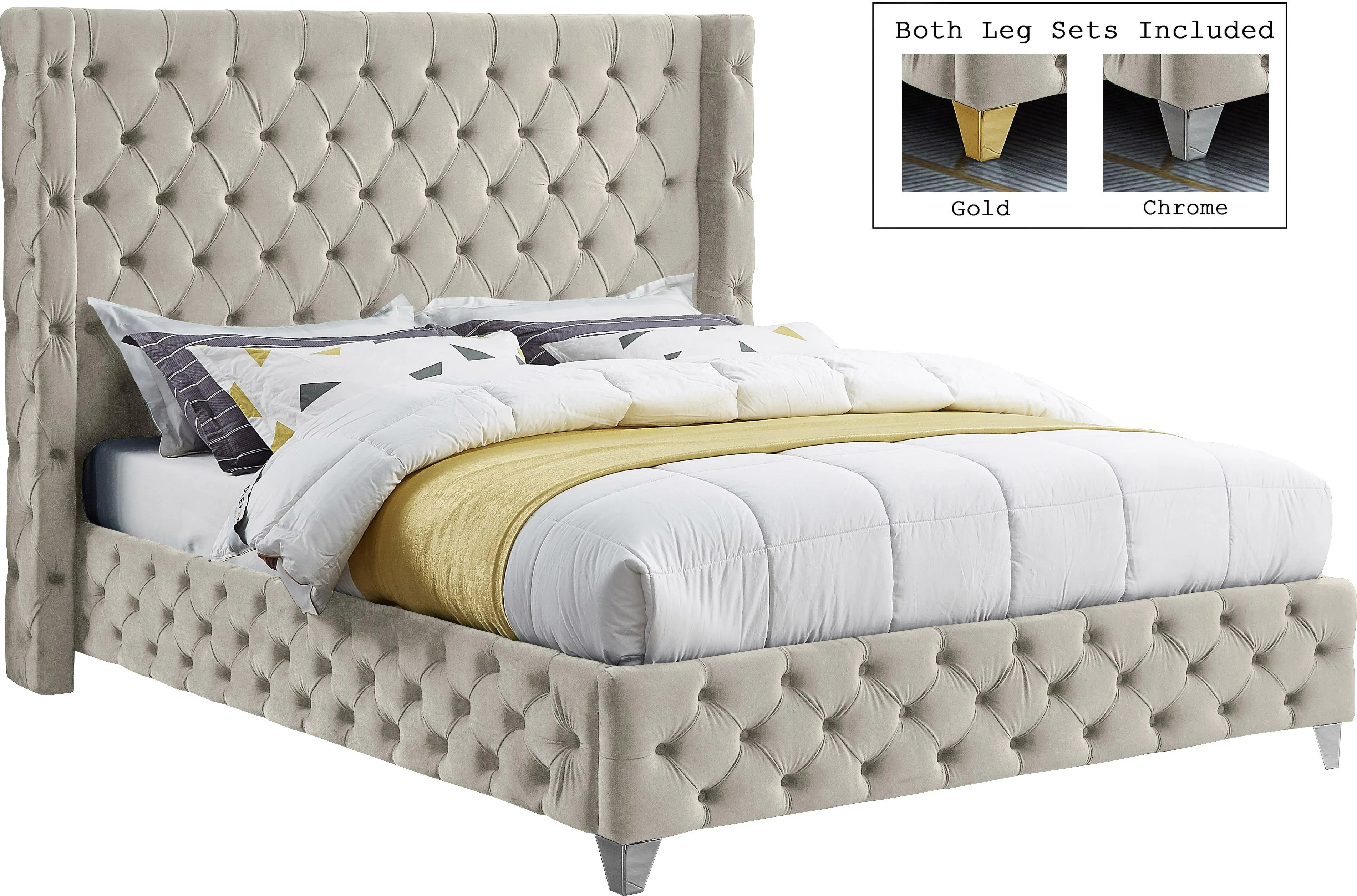 Savan Cream Velvet Queen Bed