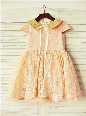 Sequin Lace Princess Short Sleeves Scoop Flower Girl Dresses Tea Length Dress