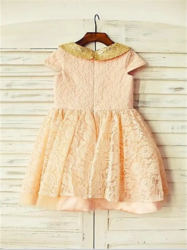 Sequin Lace Princess Short Sleeves Scoop Flower Girl Dresses Tea Length Dress