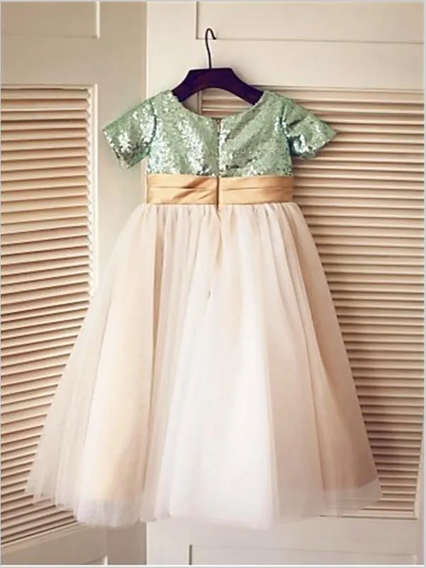 Sequin Tulle Princess Short Sleeves Scoop Flower Girl Dresses Tea Length Dress