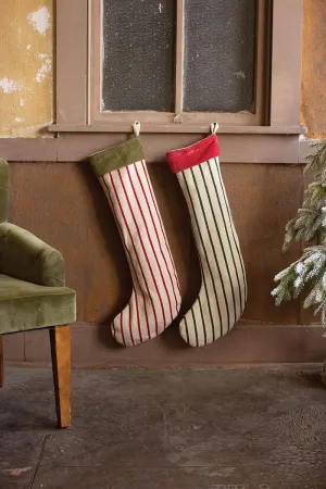 Set of 2 Giant Striped Christmas Stockings with Velvet Collar