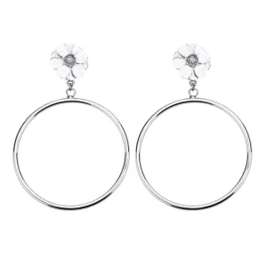 Silvertone Double Rose White Flower Large Hoop Earring