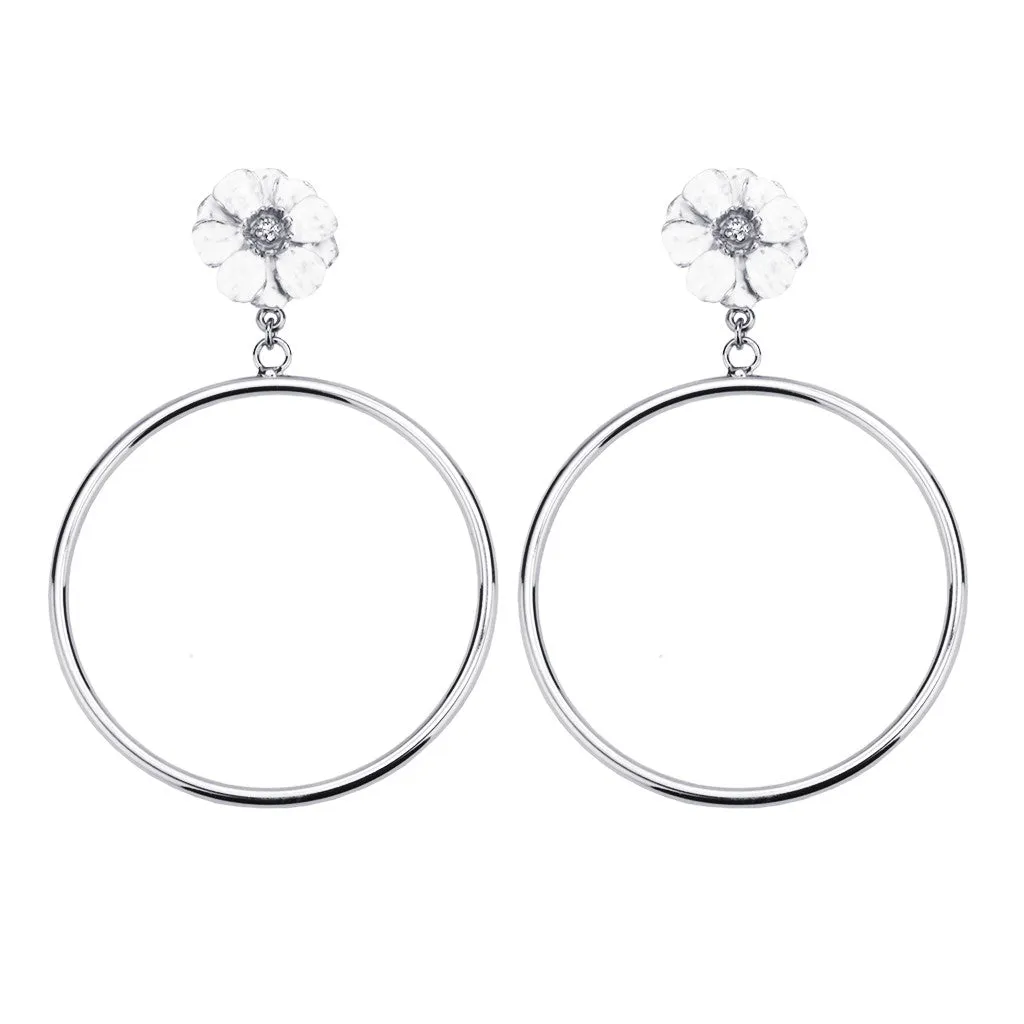 Silvertone Double Rose White Flower Large Hoop Earring