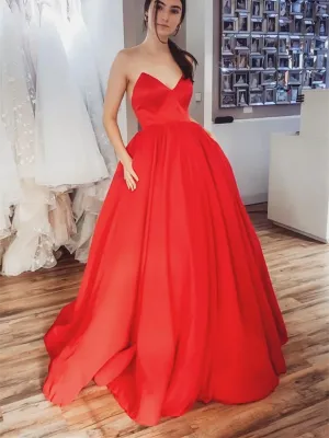 Simple Red Satin Long Prom Dresses, Simple Red Satin Long Formal Evening Dresses