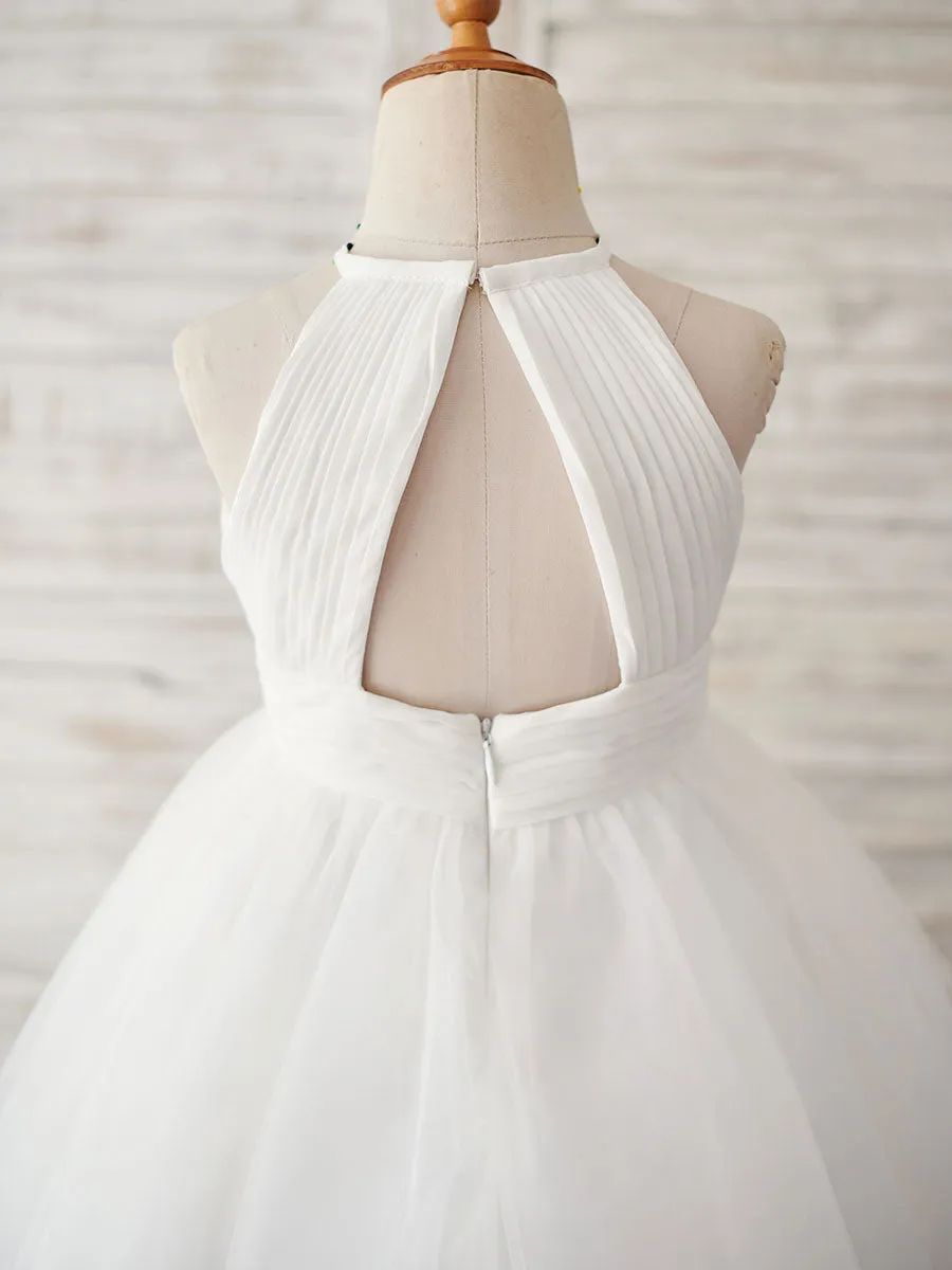 Sleeveless Crewneck Ecru White Kids Party Dresses