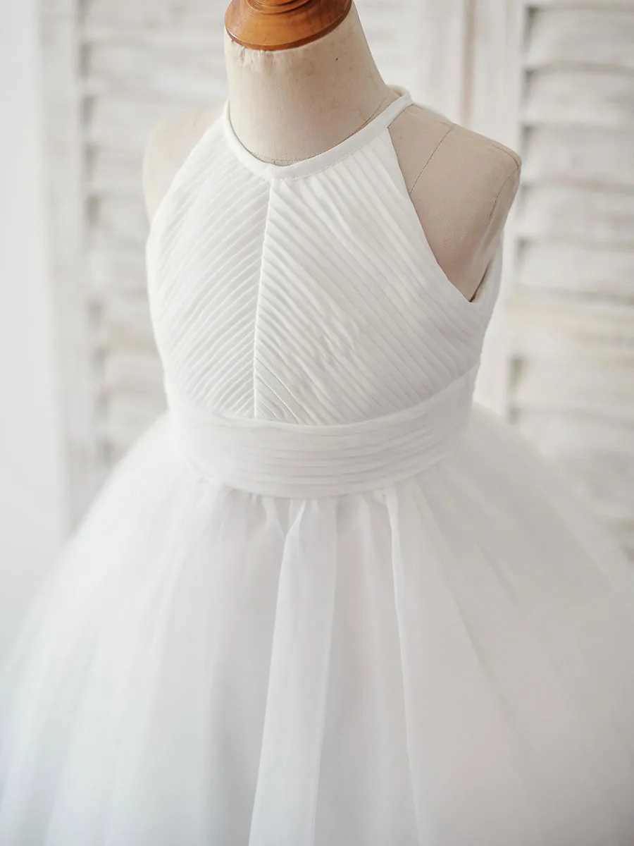 Sleeveless Crewneck Ecru White Kids Party Dresses
