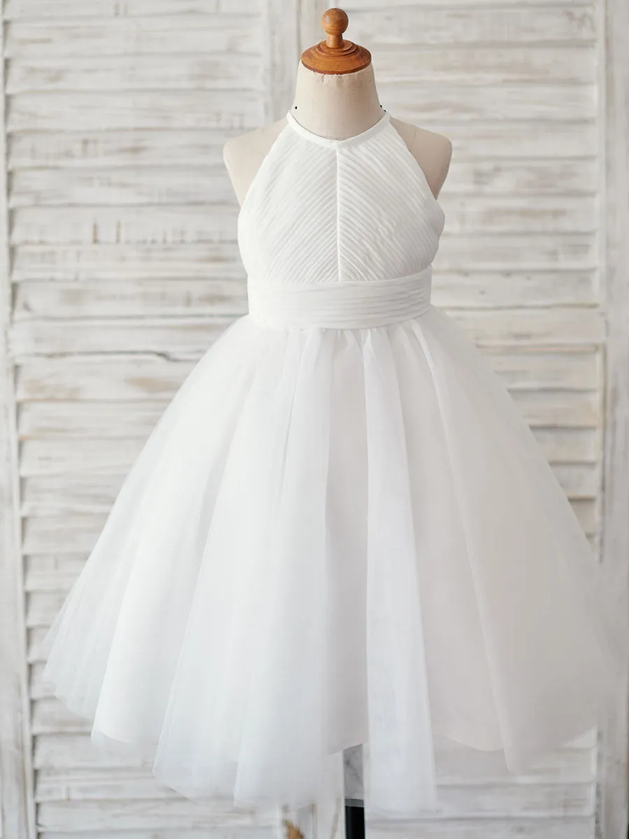 Sleeveless Crewneck Ecru White Kids Party Dresses