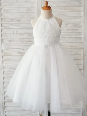 Sleeveless Crewneck Ecru White Kids Party Dresses