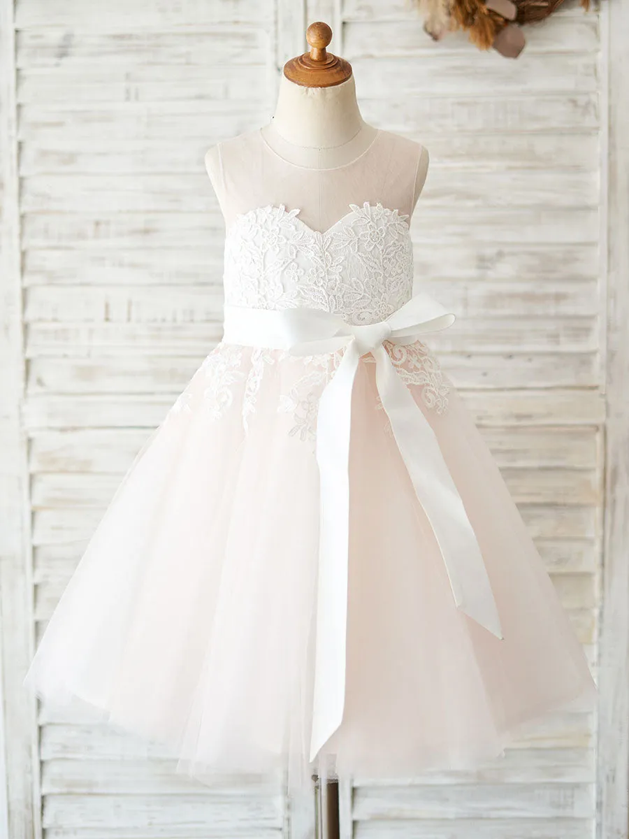 Sleeveless Sash Formal Tulle Lace Kids Pageant flower girl dresses
