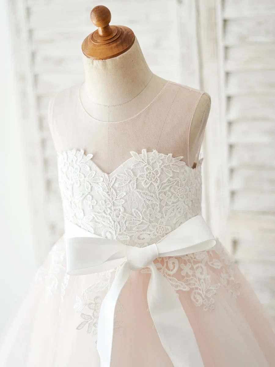Sleeveless Sash Formal Tulle Lace Kids Pageant flower girl dresses