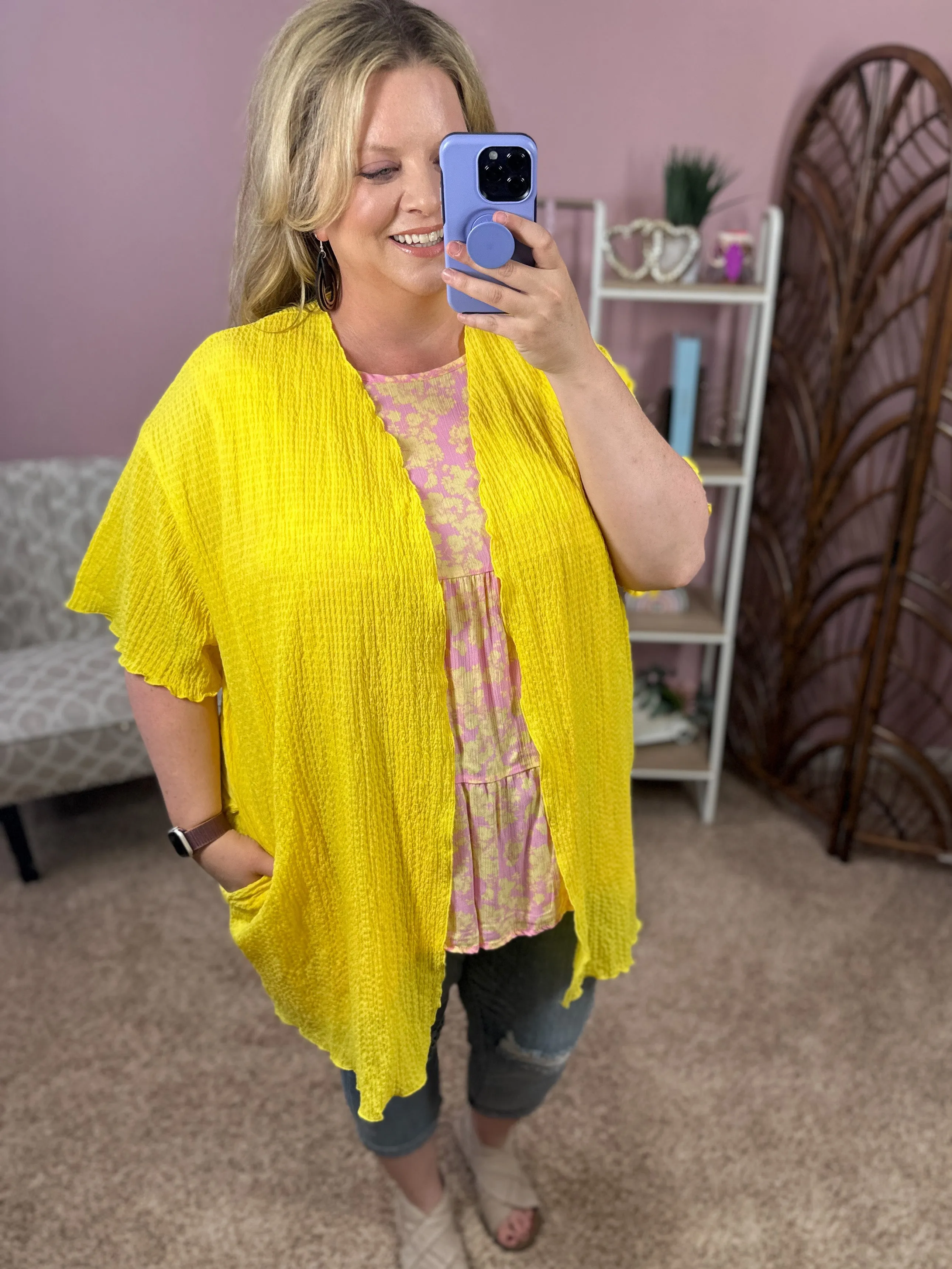 So Simple Gauze Cardigan w/Pockets - Lemonade
