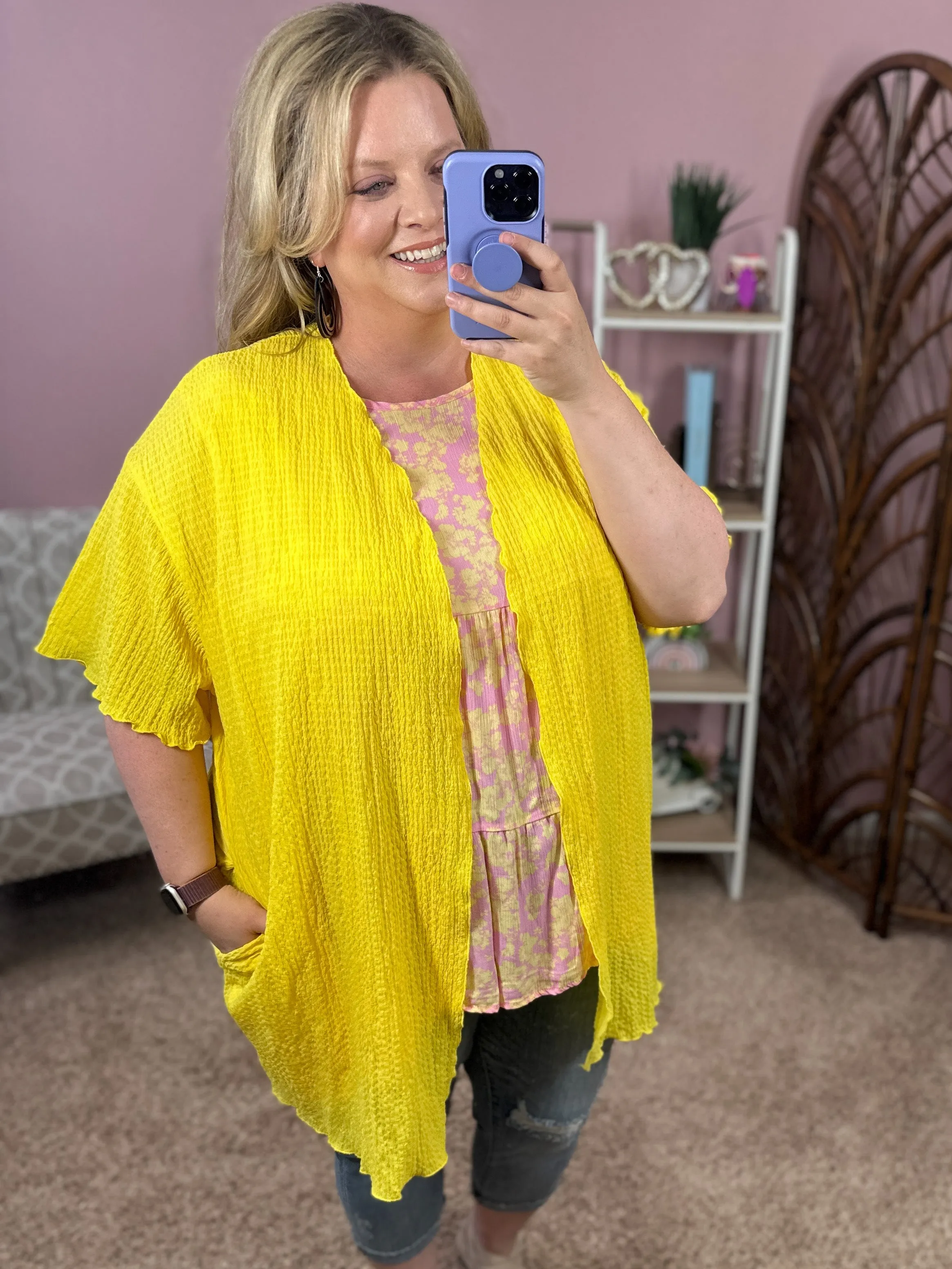 So Simple Gauze Cardigan w/Pockets - Lemonade