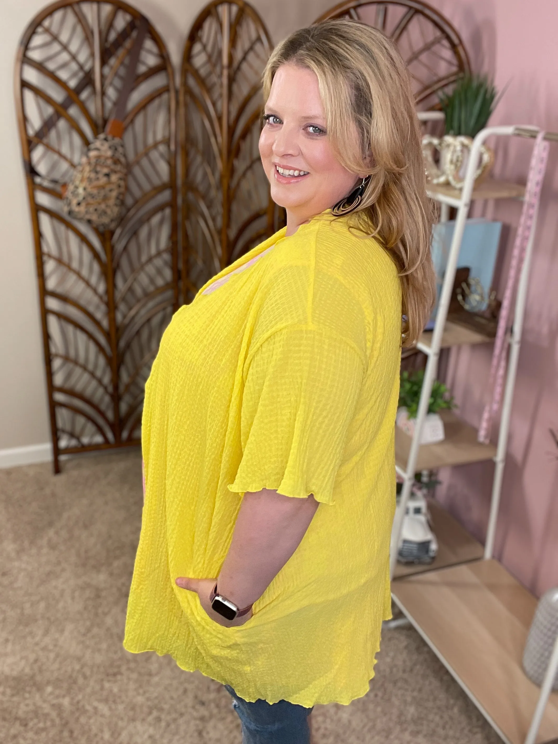 So Simple Gauze Cardigan w/Pockets - Lemonade